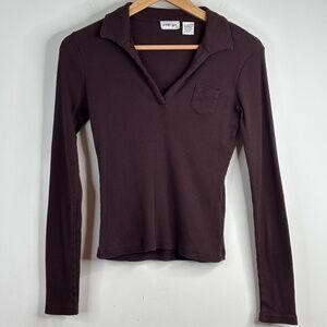 VTG Y2K Energie Ribbed Henley M Bella Swan Twilightcore Long Sleeve Brown Retro